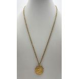 A 1907 22K Gold Edward VII Half Sovereign Pendant on a 9K Yellow Gold Rope Necklace. 25mm and