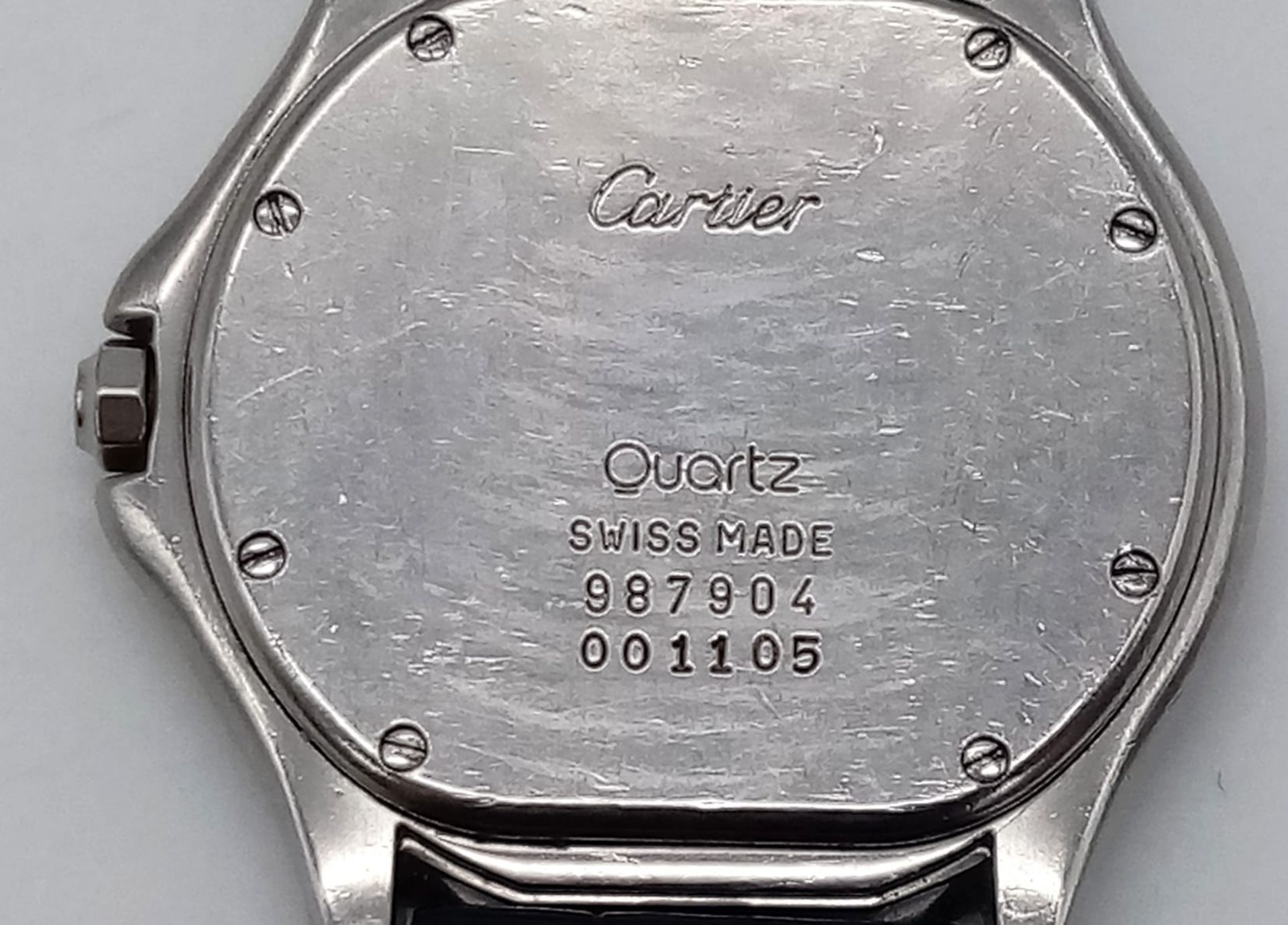 A Vintage Cartier Quartz Ladies Watch. Blue leather strap. Stainless steel case - 33mm. Cream dial - Image 3 of 5