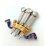 A 9 K gold and enamel Royal Prince of Wales feathers and crown sweetheart brooch. Height: 26 mm,