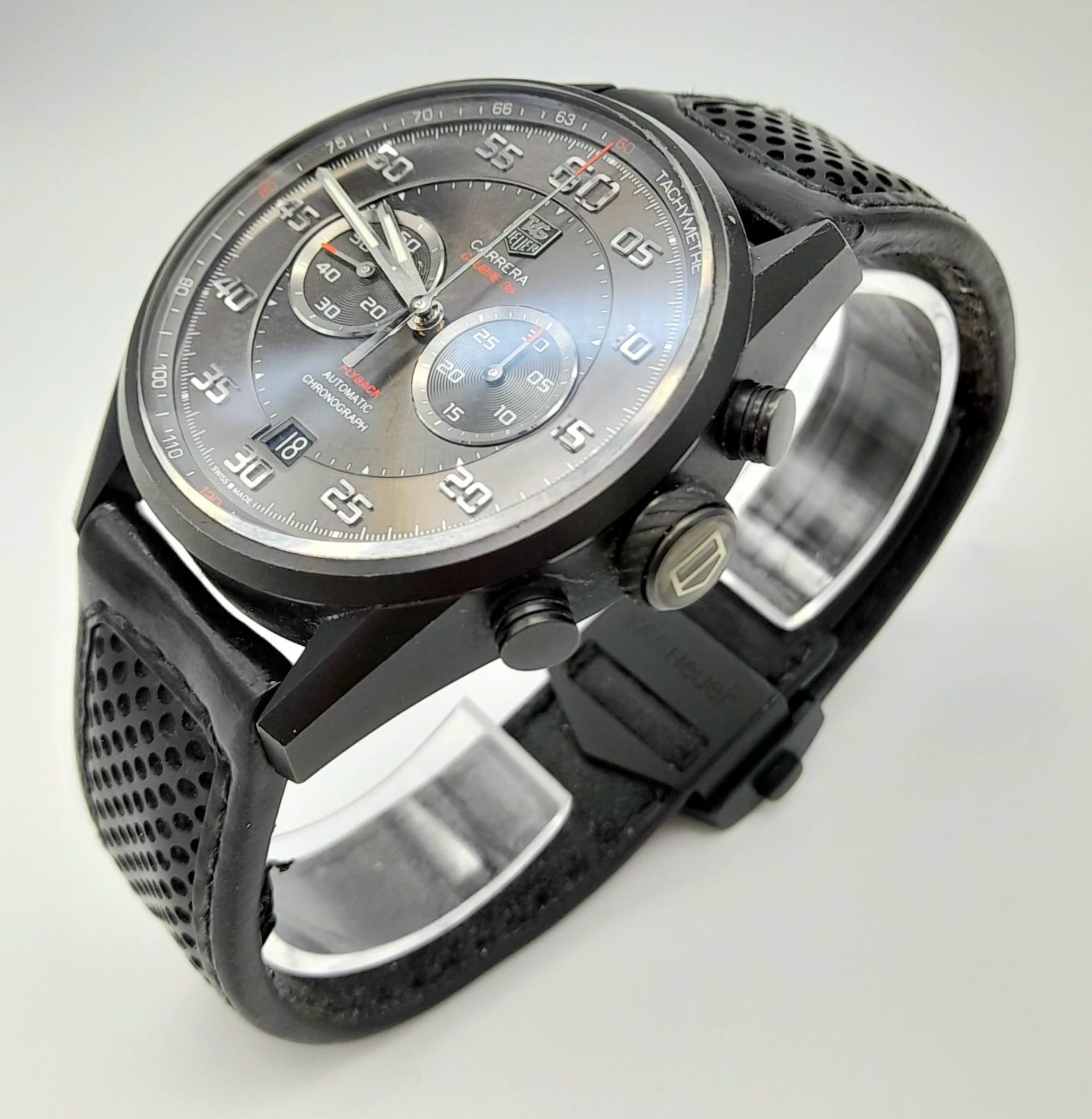 A Tag Heuer Carrera Flyback Automatic Chronograph Gents Watch. Black leather/rubber strap. Case - - Bild 2 aus 13