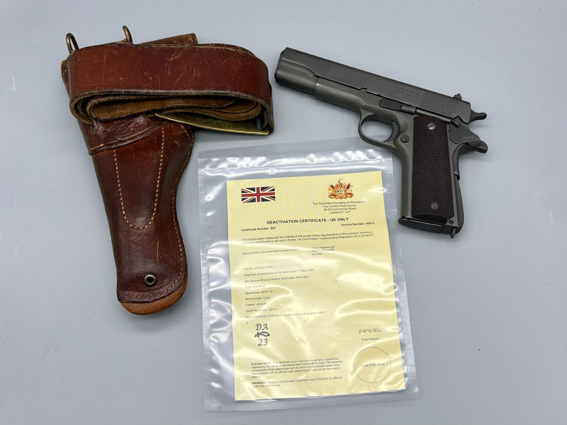 A Rare WW2 1943 Remington Rand M1911 Deactivated Pistol. This USA Army masterpiece has a .45 ACP and