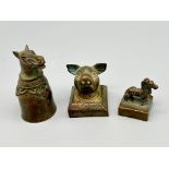 Three Vintage, Possibly Antique Bronze Animal Head Figures - two with calligraphy stamps on base.