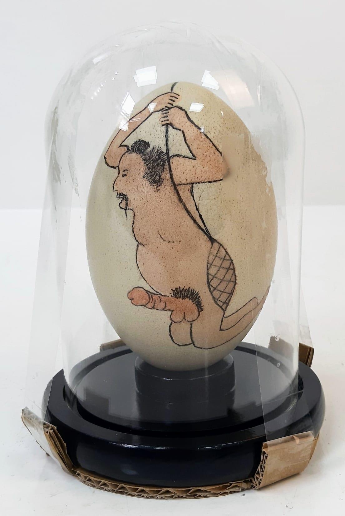 A Japanese, hand painted, ostrich egg, depicting a humorous (and acrobatic) erotic scene after the - Image 5 of 6