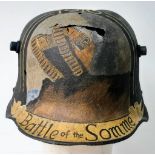 WW1 German M16 Stahlhelm found on the Somme. With post war memorial painting.
