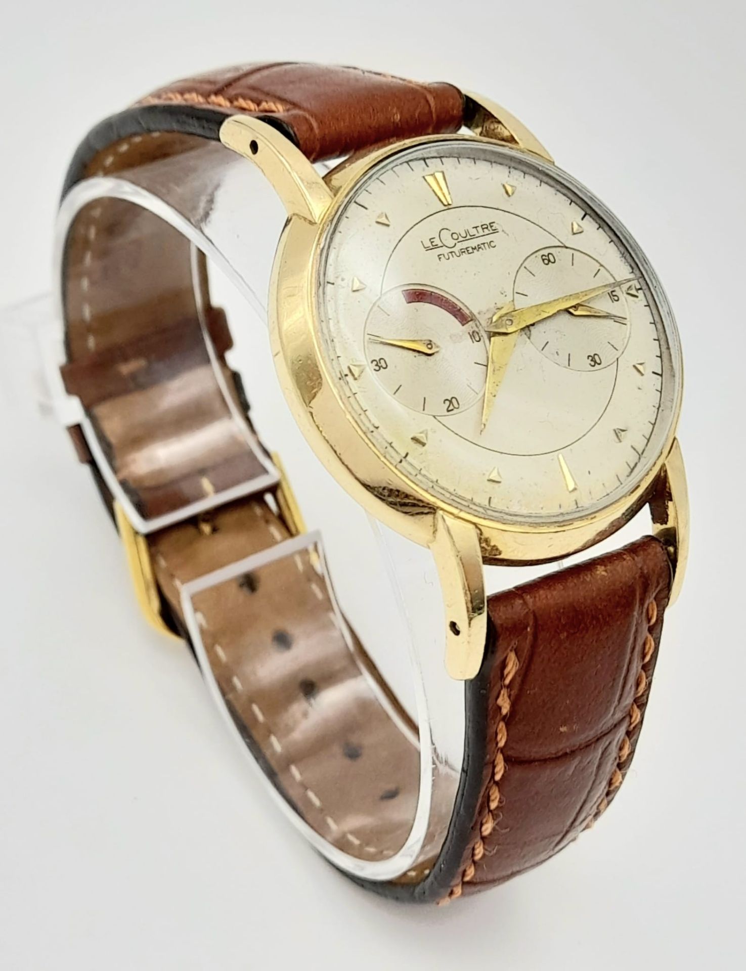 A Vintage Jaeger Le Coultre Futurematic Gents Watch.Brown leather strap. Case - 35mm. White dial - Image 2 of 7