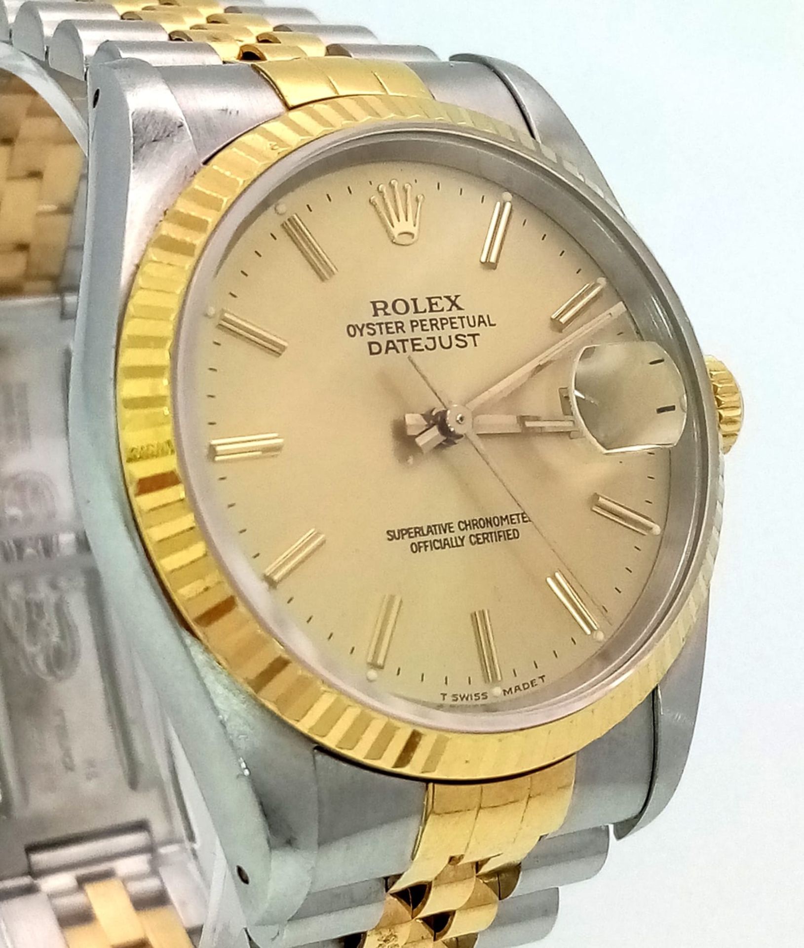 A Rolex Oyster Perpetual Datejust Gents Watch. Bi-metal strap and case - 36mm. Gold tone dial. - Image 2 of 5