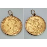 22k yellow gold full Sovereign coin with Queen Victoria dated 1895, set into a 9ct yellow gold