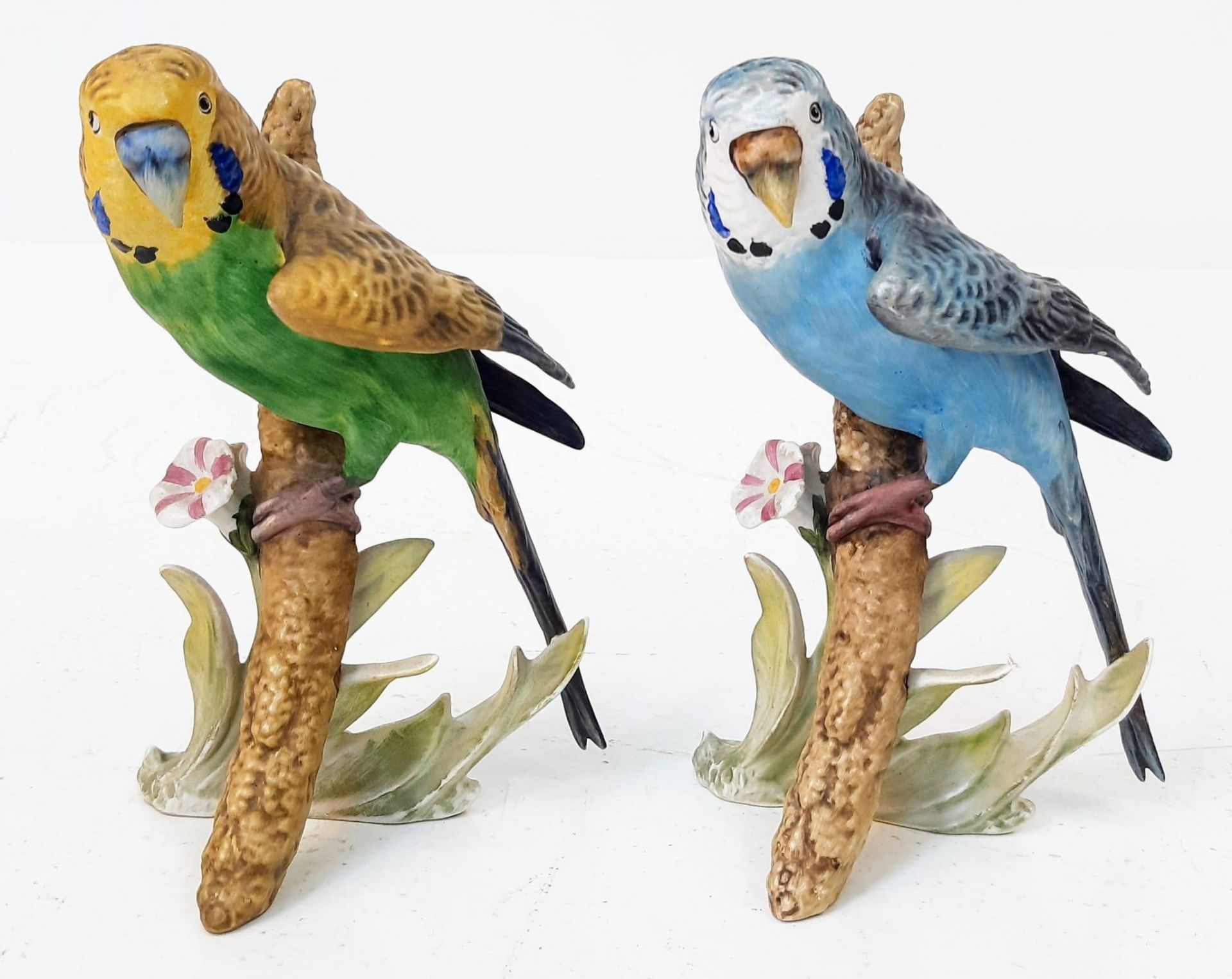 A Pair of Vintage West German Goebel Ceramic Budgerigar Figures. Green and blue - both in good