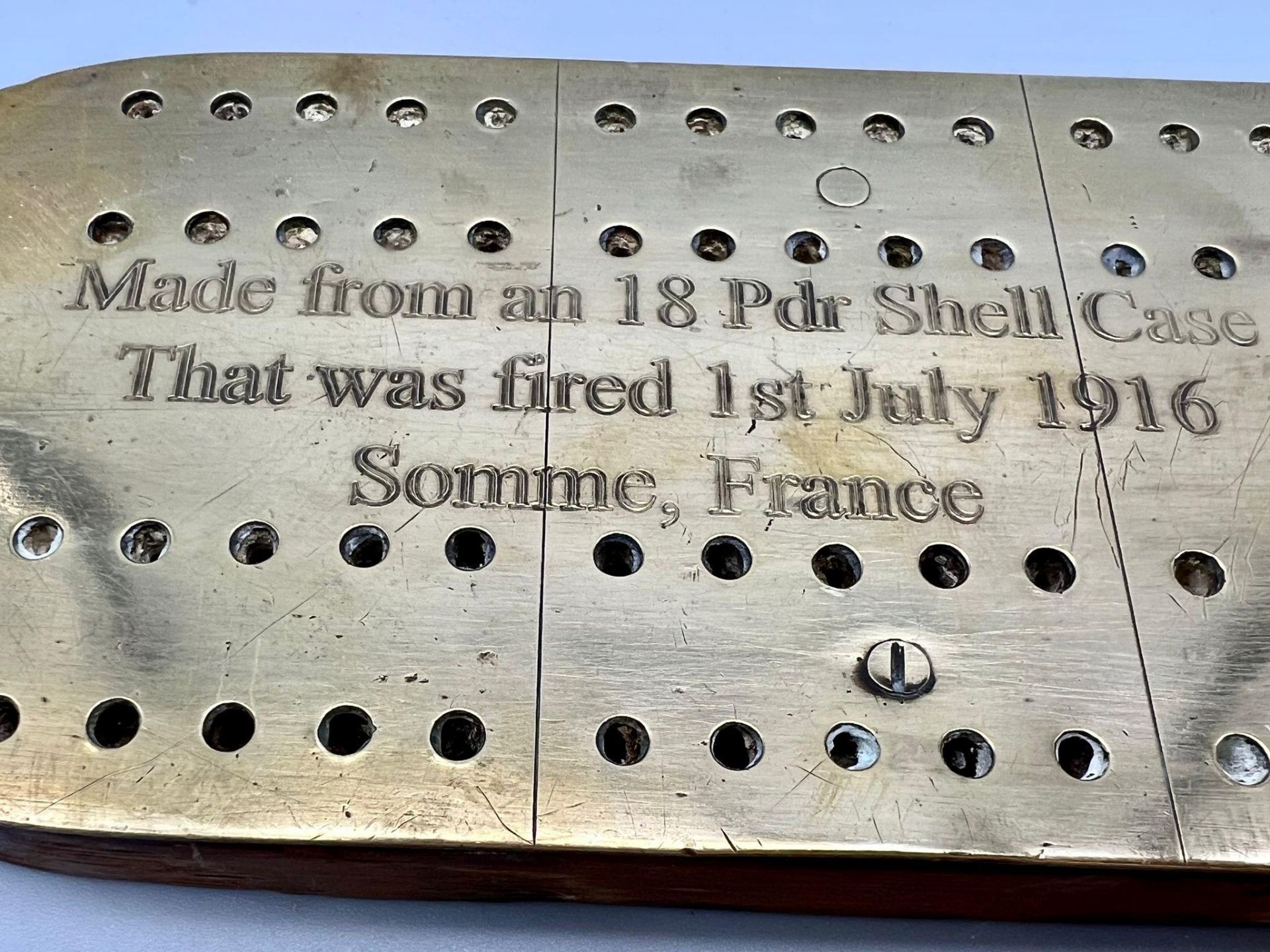 WW1 British Trench Art Crib Board. Made from a Shell that was fired on the 1st Day of the Battle - Image 3 of 4