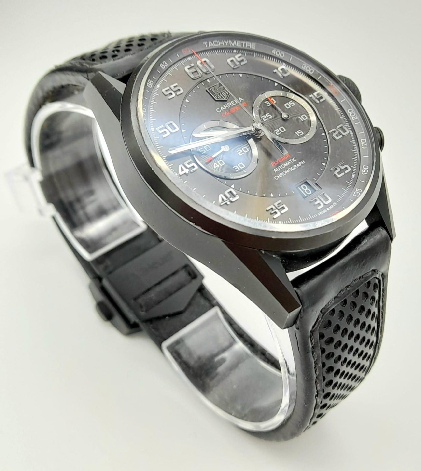 A Tag Heuer Carrera Flyback Automatic Chronograph Gents Watch. Black leather/rubber strap. Case - - Image 3 of 13
