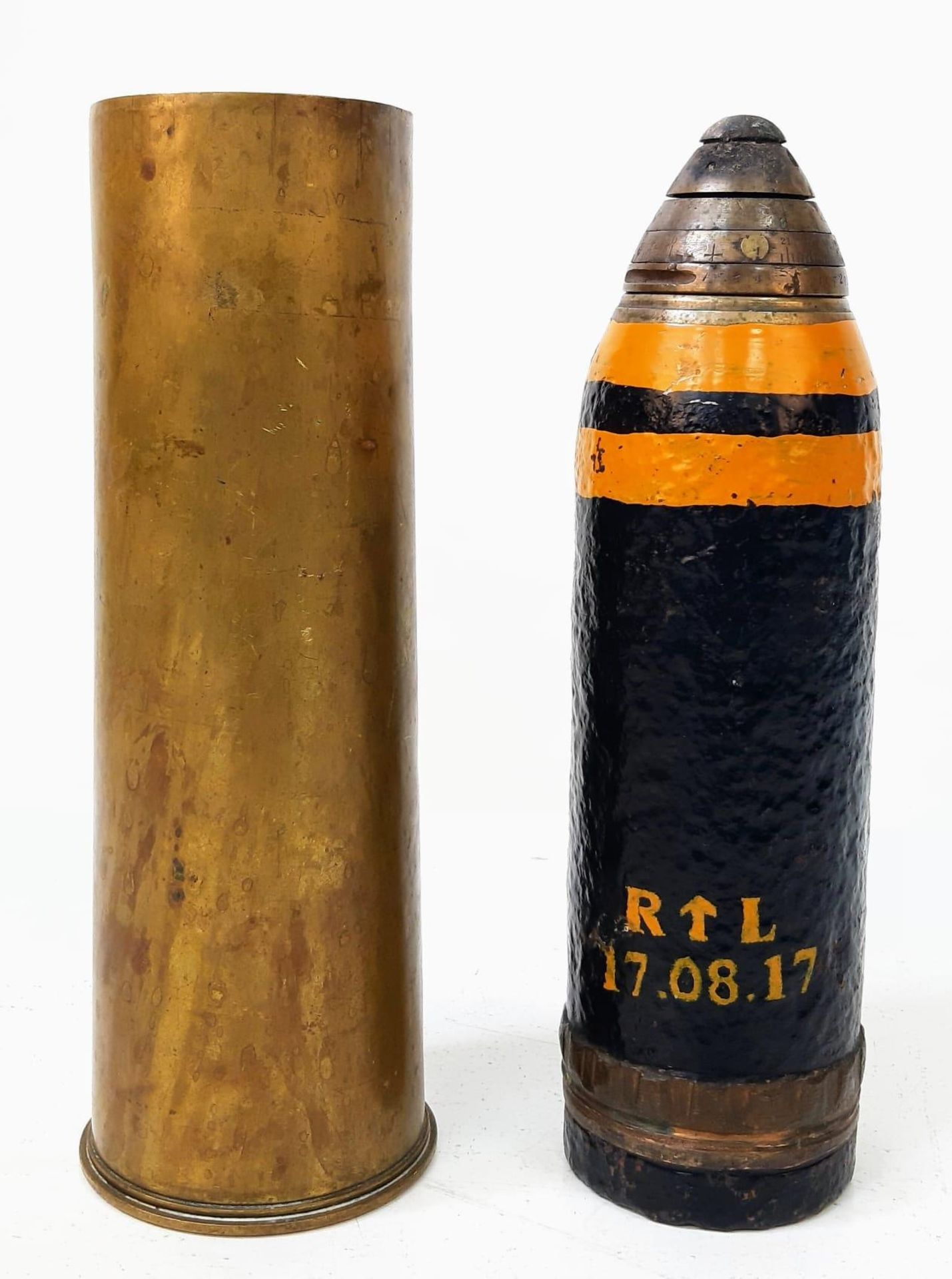 INERT WW1 British 18 Pdr. Shrapnel Shell Case Dated 1916, Projectile Dated 1917. No International - Image 3 of 4