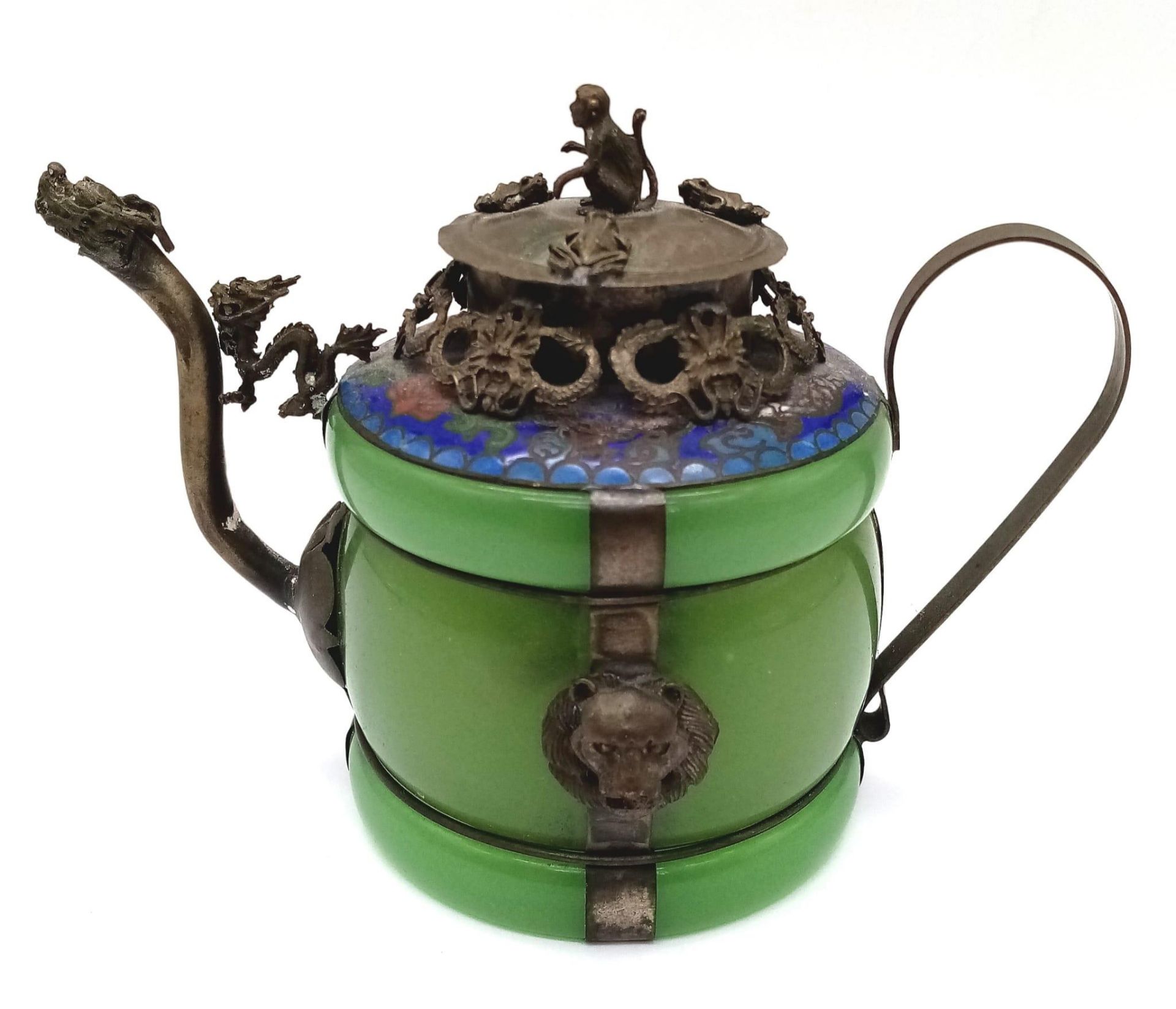 An Ornamental Oriental Jade Teapot with Antique Silver Trim. 11cm Height.