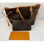 A Louis Vuitton Neverfull Tote Bag And LV Pouch! Brown monogram canvas exterior with leather handles