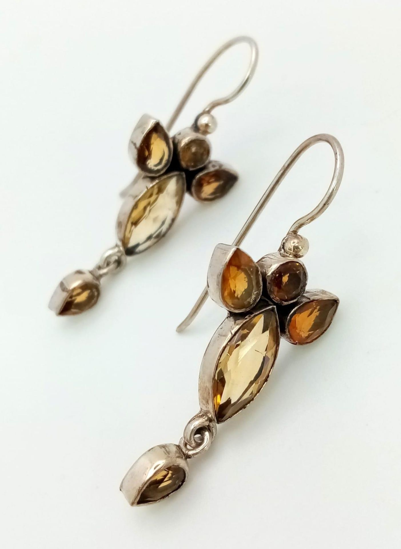 A Vintage Pair of Art Deco Design Citrine Set Sterling Silver Earrings 4cm Length