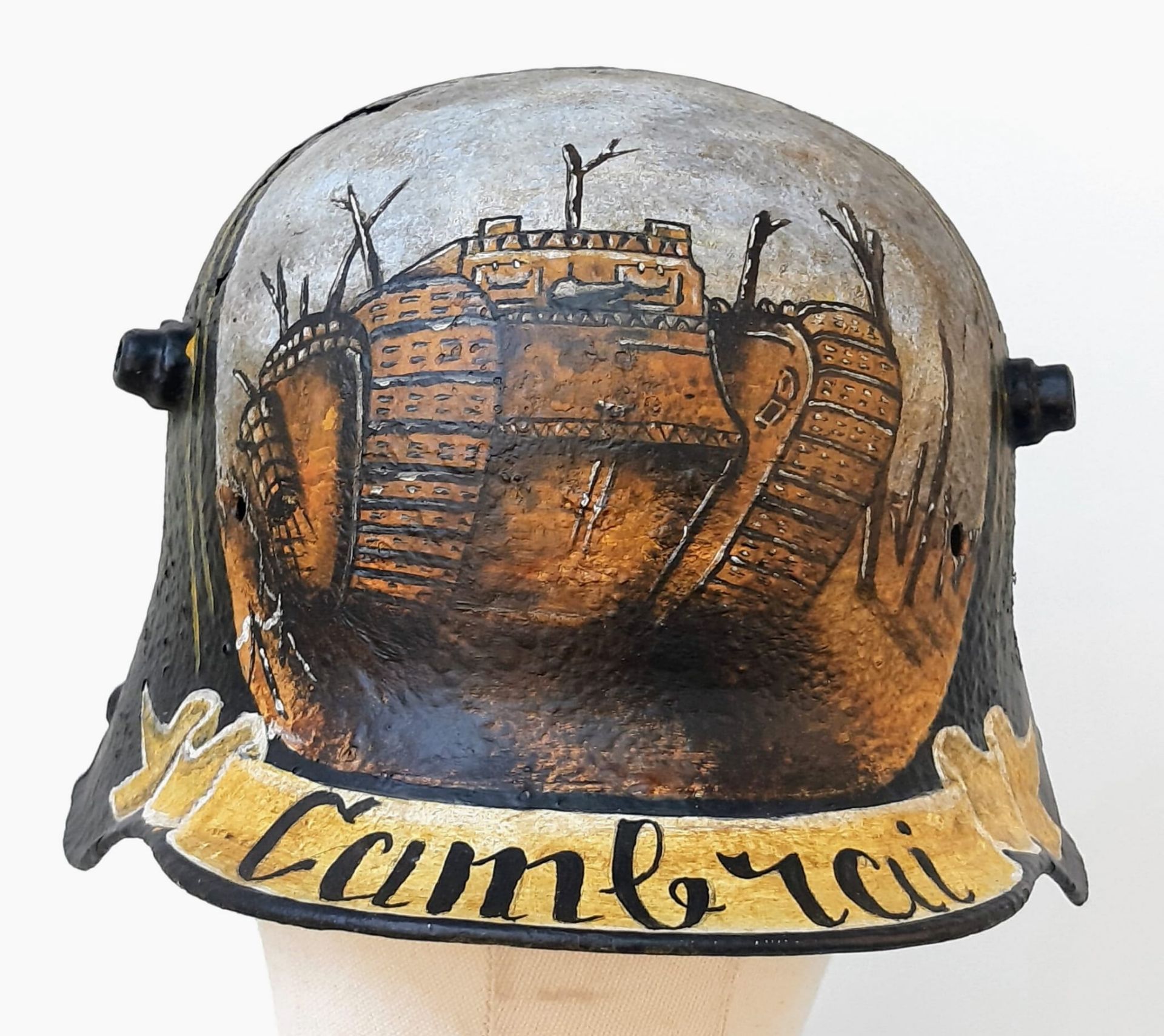 WW1 German M16 Stahlhelm. Found near Cambrai, France and has a post war memorial painting. - Image 2 of 12