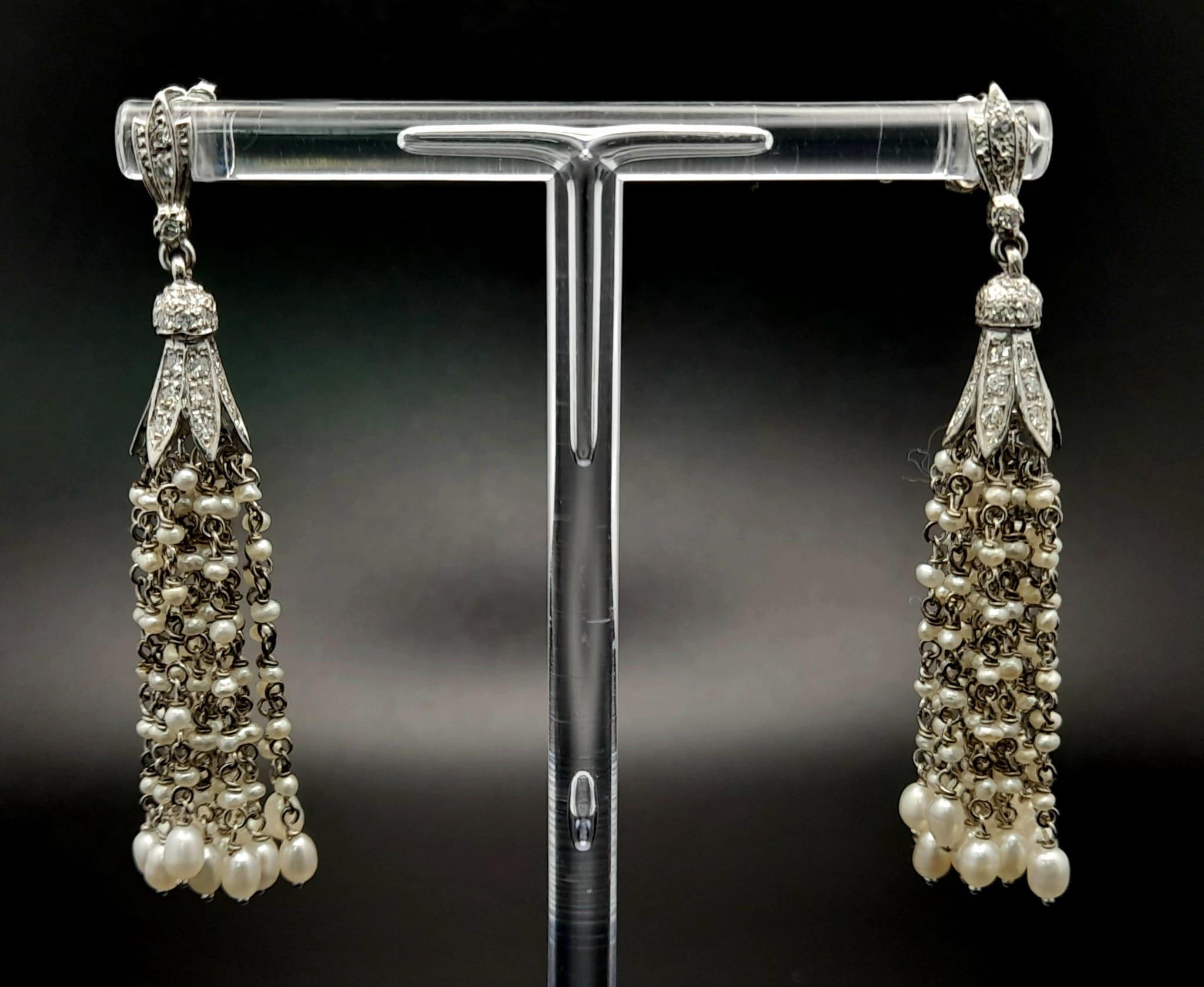A Pair of Unique Hand-Made 18K White gold, Diamond and Seed Pearl Drop Earrings. Art Deco