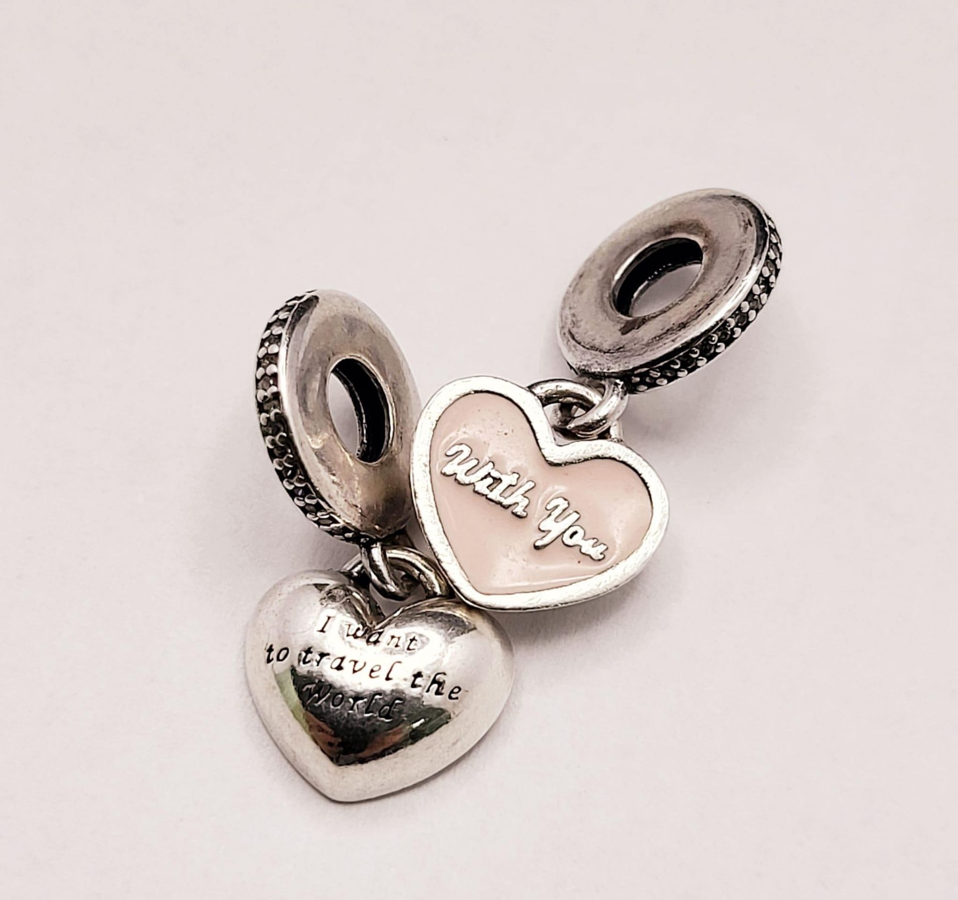 PANDORA STERLING SILVER 'DOUBLE WITH YOU' PINK HEART CHARMS, 6.4G