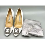 A Pair of Hand-Made Italian Manolo Blahnik White Ladies Shoes with White Stone Decoration. Good