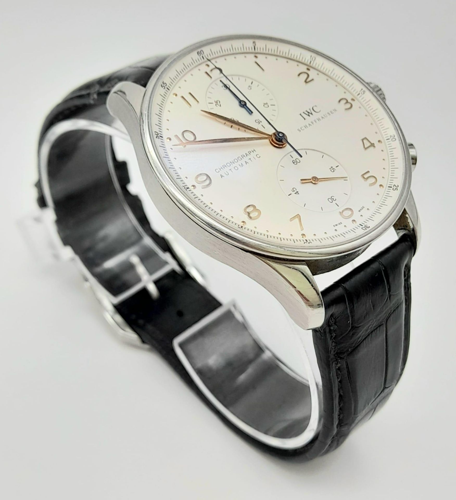 IWC PORTUGUESE CHRONOGRAPH WATCH, BLACK LEATHER STRAP AND CREAM DIAL. MODEL IW371401 WITH ORIGINAL - Bild 3 aus 10