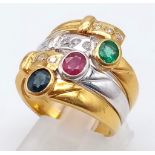 An Incredible 18K Yellow and White Gold Multi-Gemstone Ladies Dress Ring. Two full inner bands - one