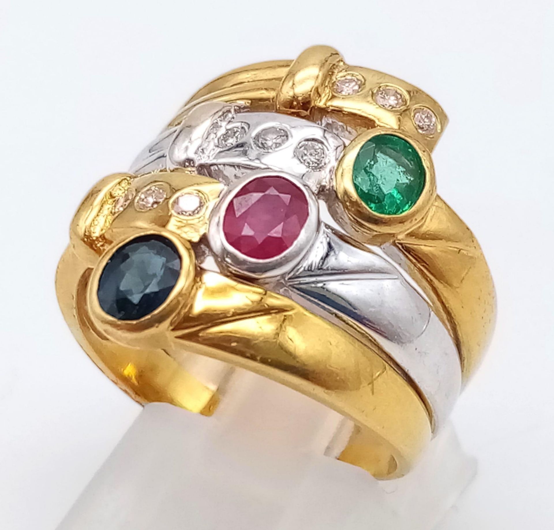 An Incredible 18K Yellow and White Gold Multi-Gemstone Ladies Dress Ring. Two full inner bands - one