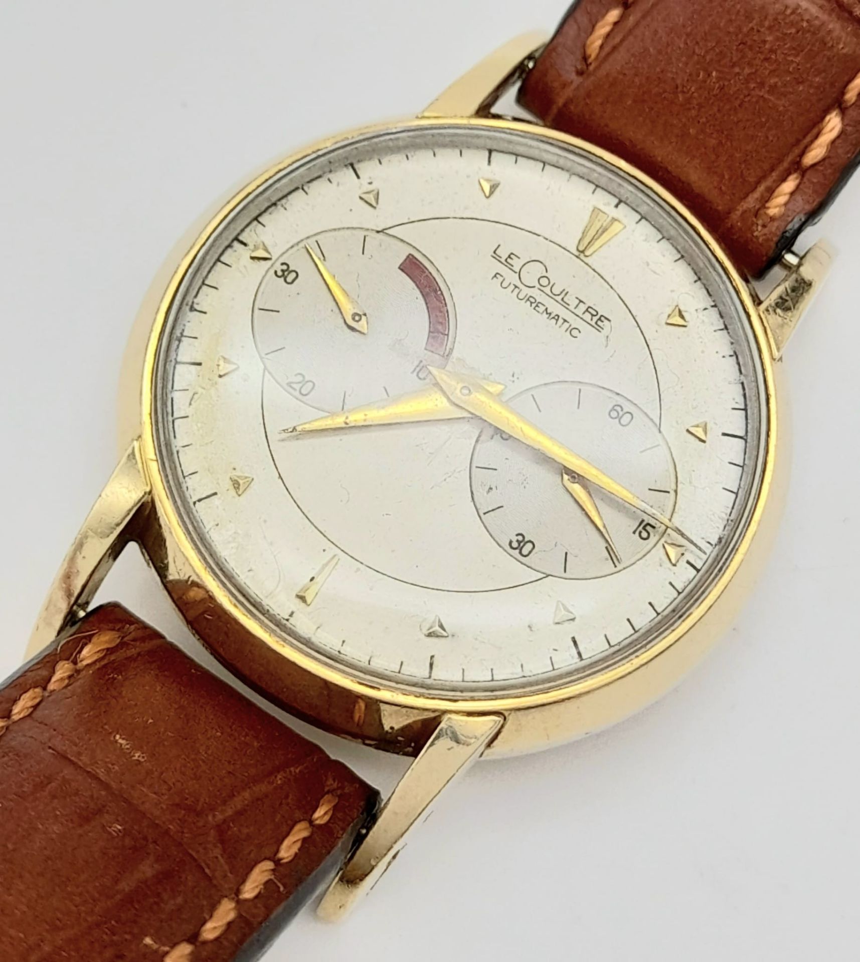 A Vintage Jaeger Le Coultre Futurematic Gents Watch.Brown leather strap. Case - 35mm. White dial - Image 3 of 7