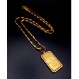 A 5g Fine Gold (.999.99) Ingot Pendant, Cased in 14K Gold on a 22K Gold Necklace. Breakdown: 5g .999