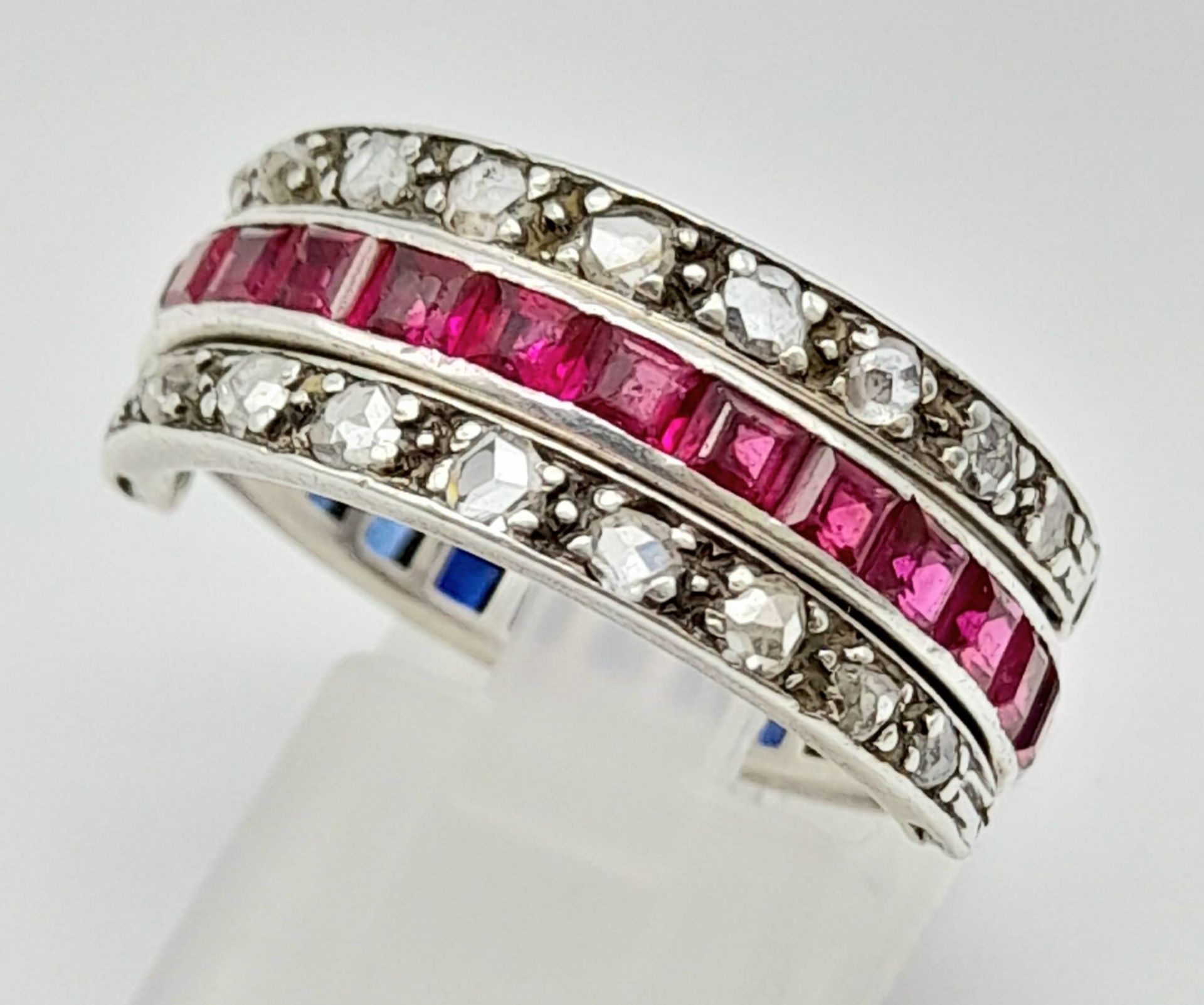 SILVER ROSE CUT DIAMOND, RUBY & SAPPHIRE SET DOUBLE FULL ETERNITY RING, WEIGHT 4.3G SIZE Q - Bild 5 aus 6