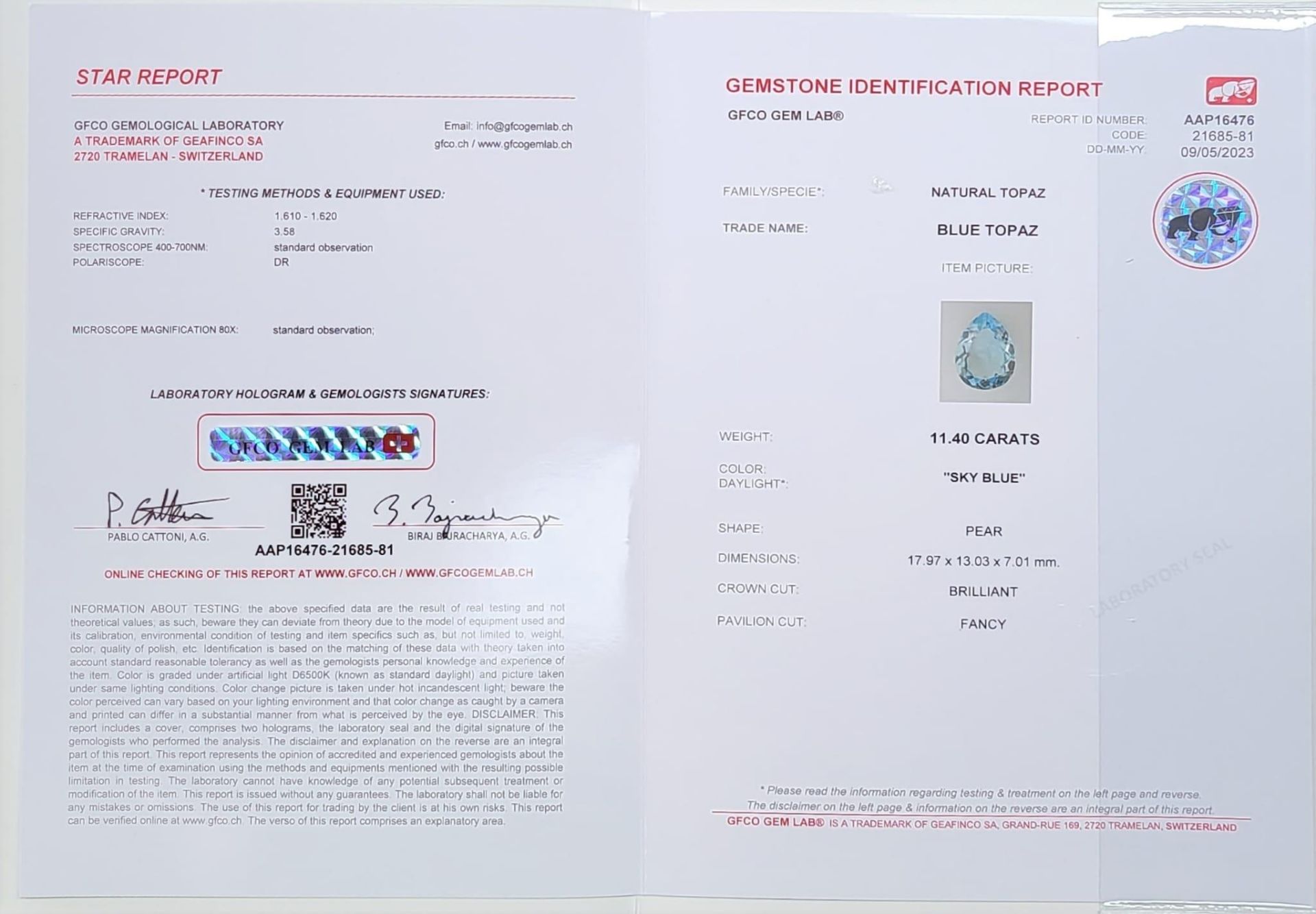 An 11.40ct Natural Blue Topaz Gemstone. GFCO Swiss Certification Included. - Bild 5 aus 5