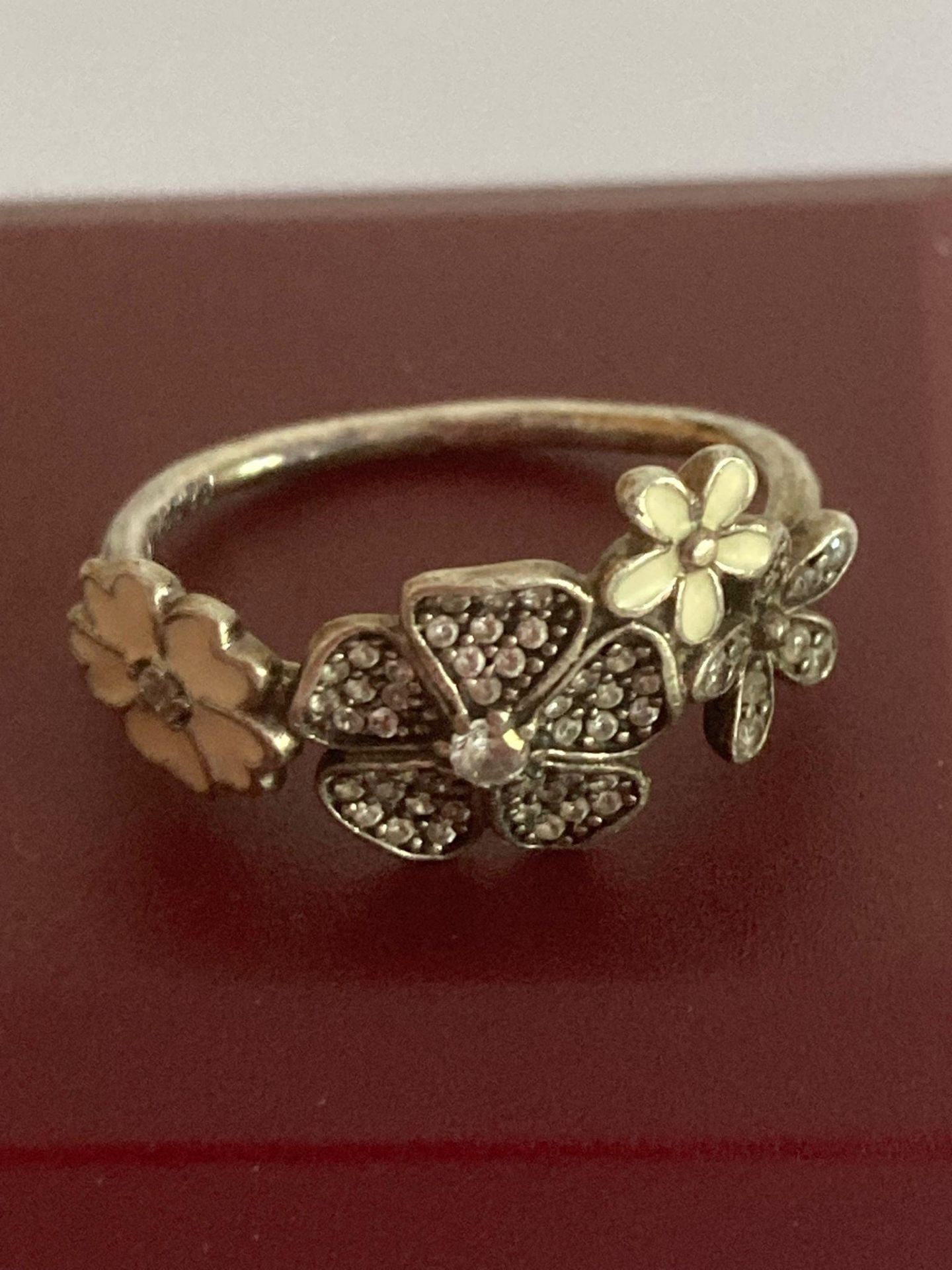 Genuine SILVER PANDORA RING Known as the PANDORA DAISY RING. Used condition. Size K 1/2.