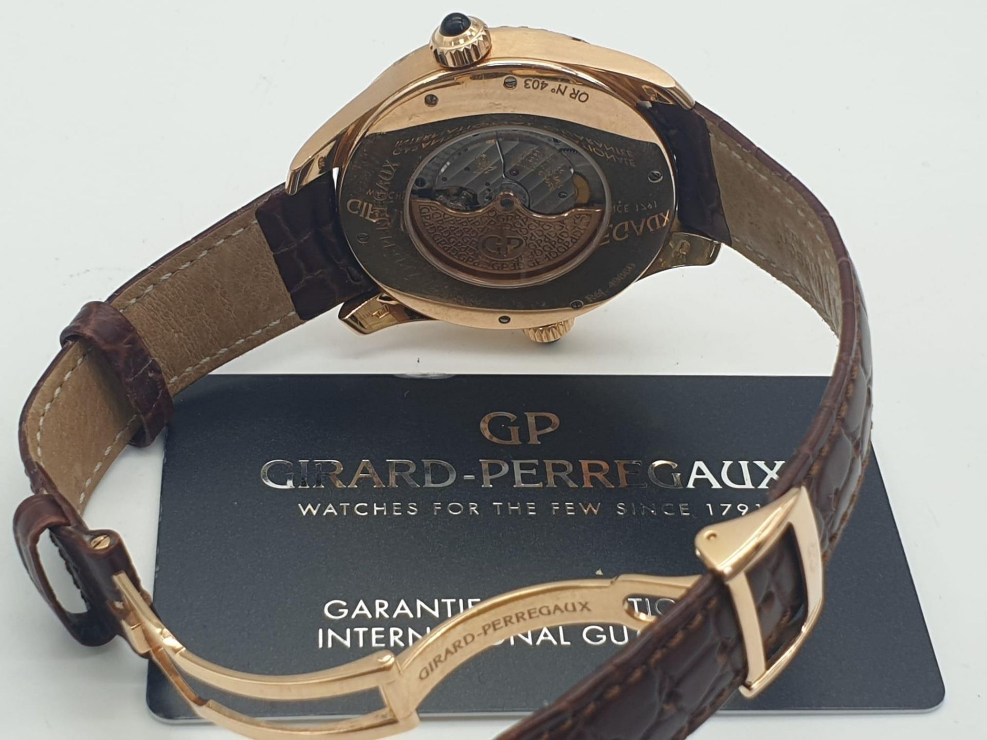 A Girard-Perregaux Financial World Time 18K Rose Gold Gents Watch. Brown leather strap with 18k rose - Image 4 of 9