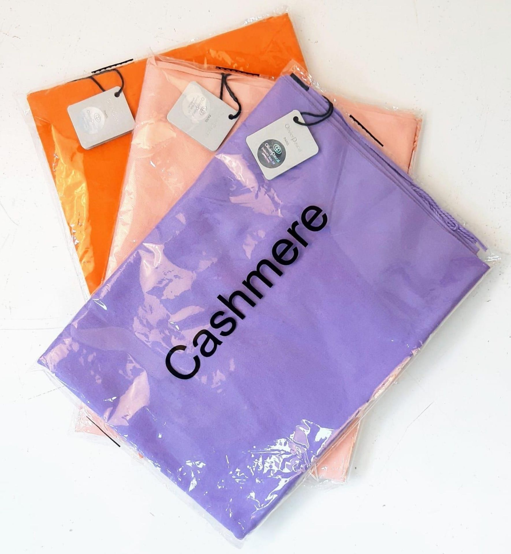Three Cashmere scarfs by OLIVER PASCAL - PARIS. New/unused condition in original wraps with tags.