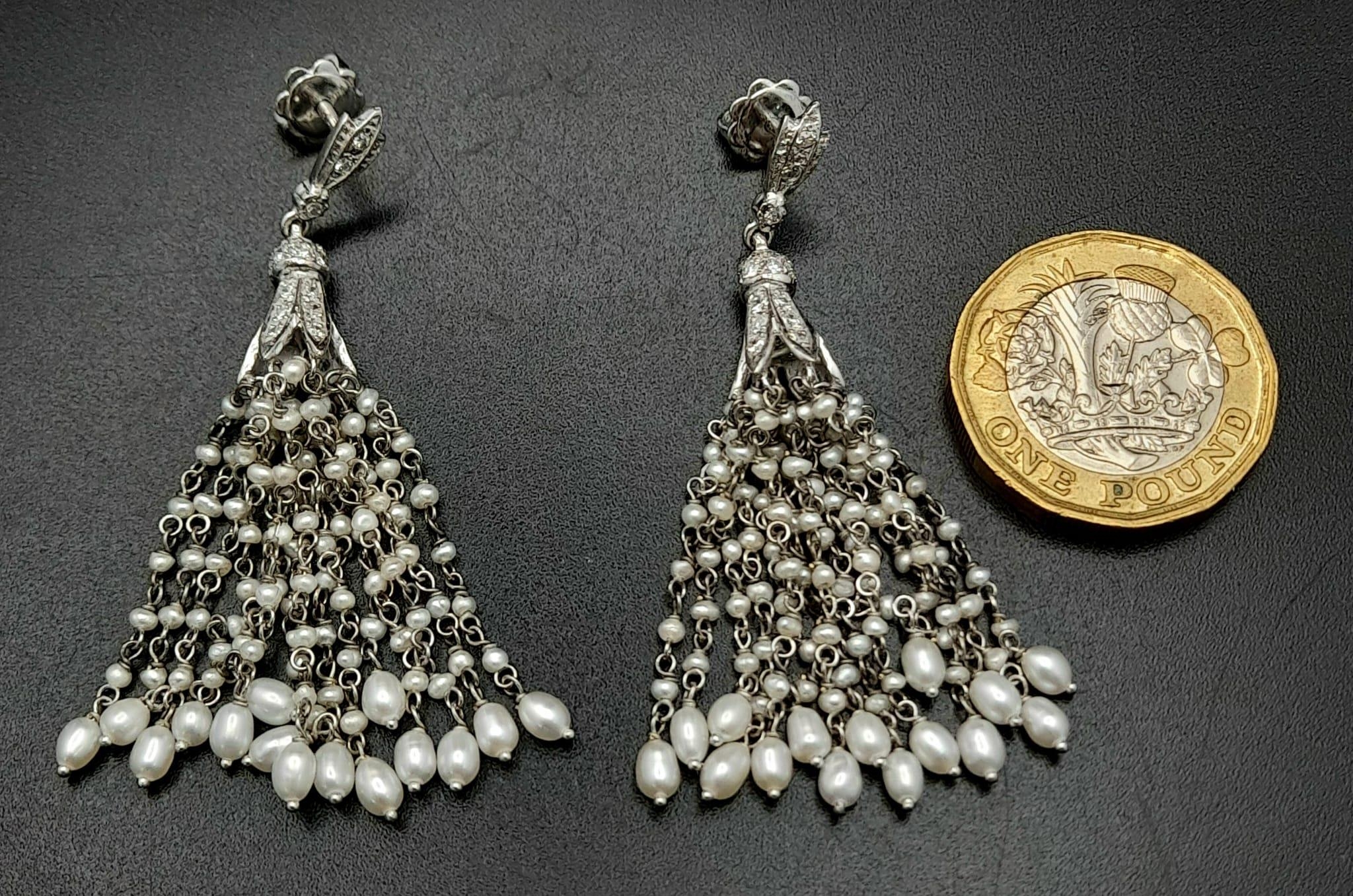 A Pair of Unique Hand-Made 18K White gold, Diamond and Seed Pearl Drop Earrings. Art Deco - Image 4 of 6