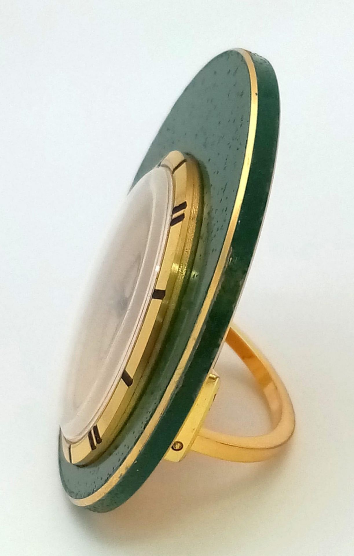 A Vintage Jaeger le Coultre Travel Alarm Clock. Green enamel outer. Gilded dial with date window. - Image 3 of 6