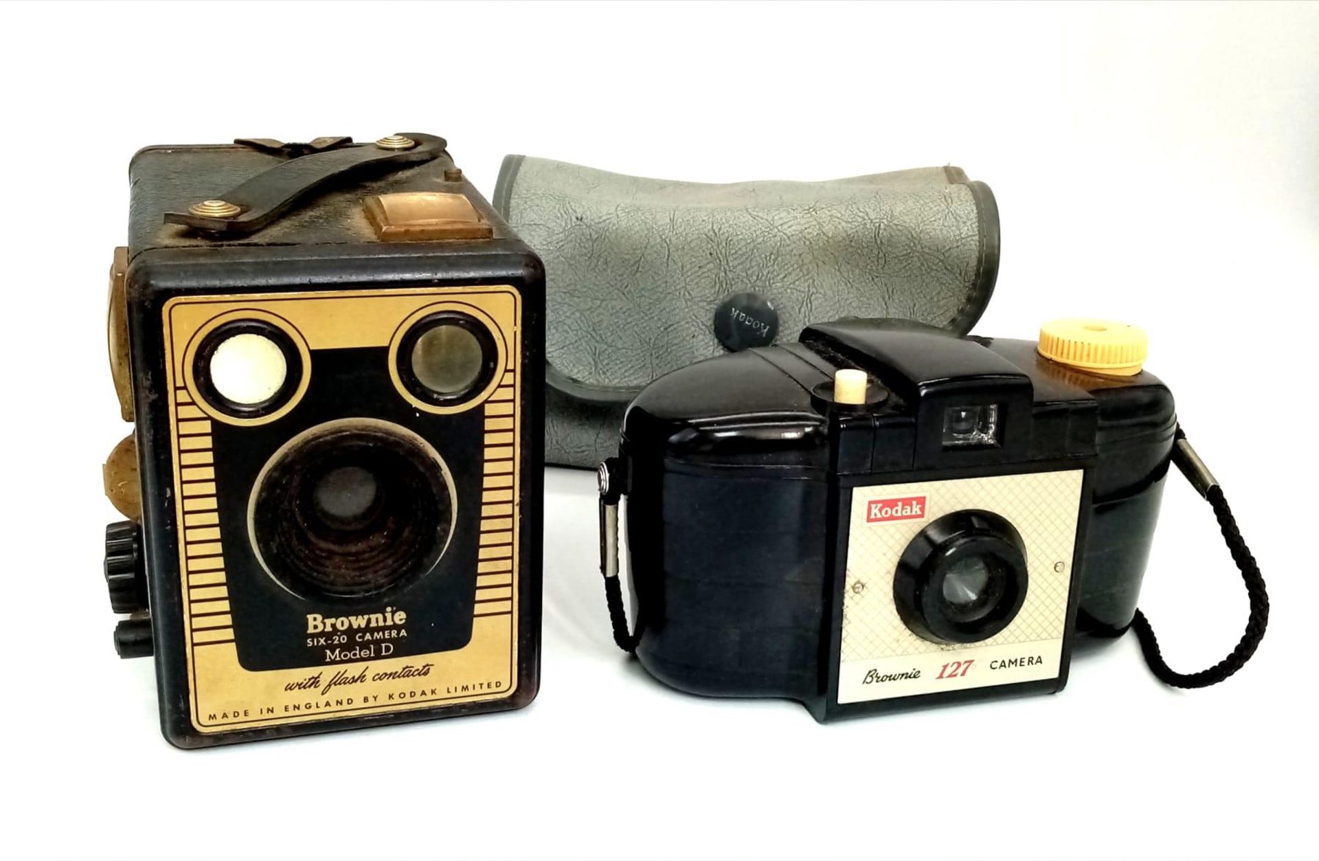 Two Vintage Kodak Cameras. A Kodak Brownie 127 (with case) and a Six-20 Model D. A/F
