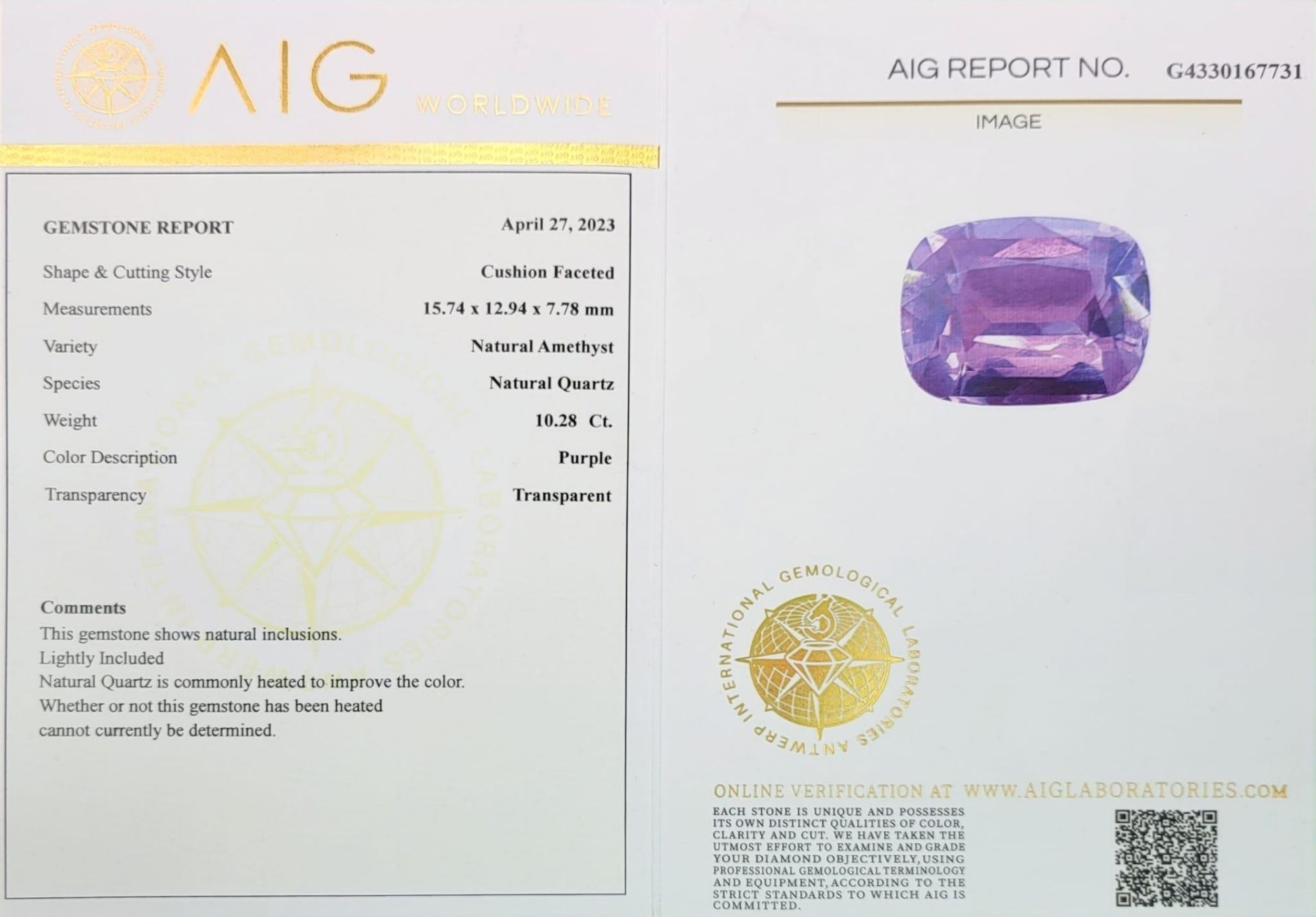 A 10.28ct Loupe-Clean Cushion-Faceted Amethyst Gemstone. Sealed and AIG Milan Certified. - Bild 4 aus 4