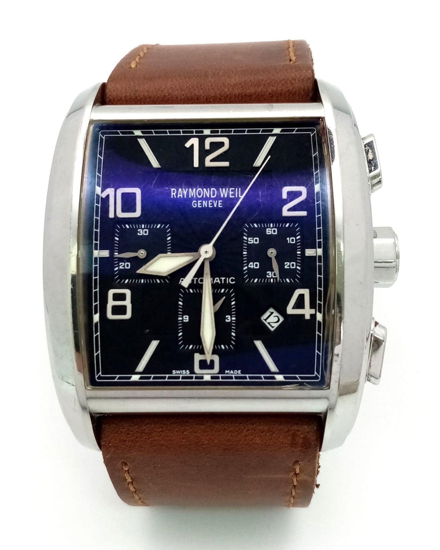 A Raymond Weil Giovanni Automatic Chronograph Gents Watch. Brown leather strap. Stainless steel case