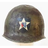 WW2 US McCord Swivel Bale Front Seam M1 Helmet with 2nd Infantry Division Insignia.