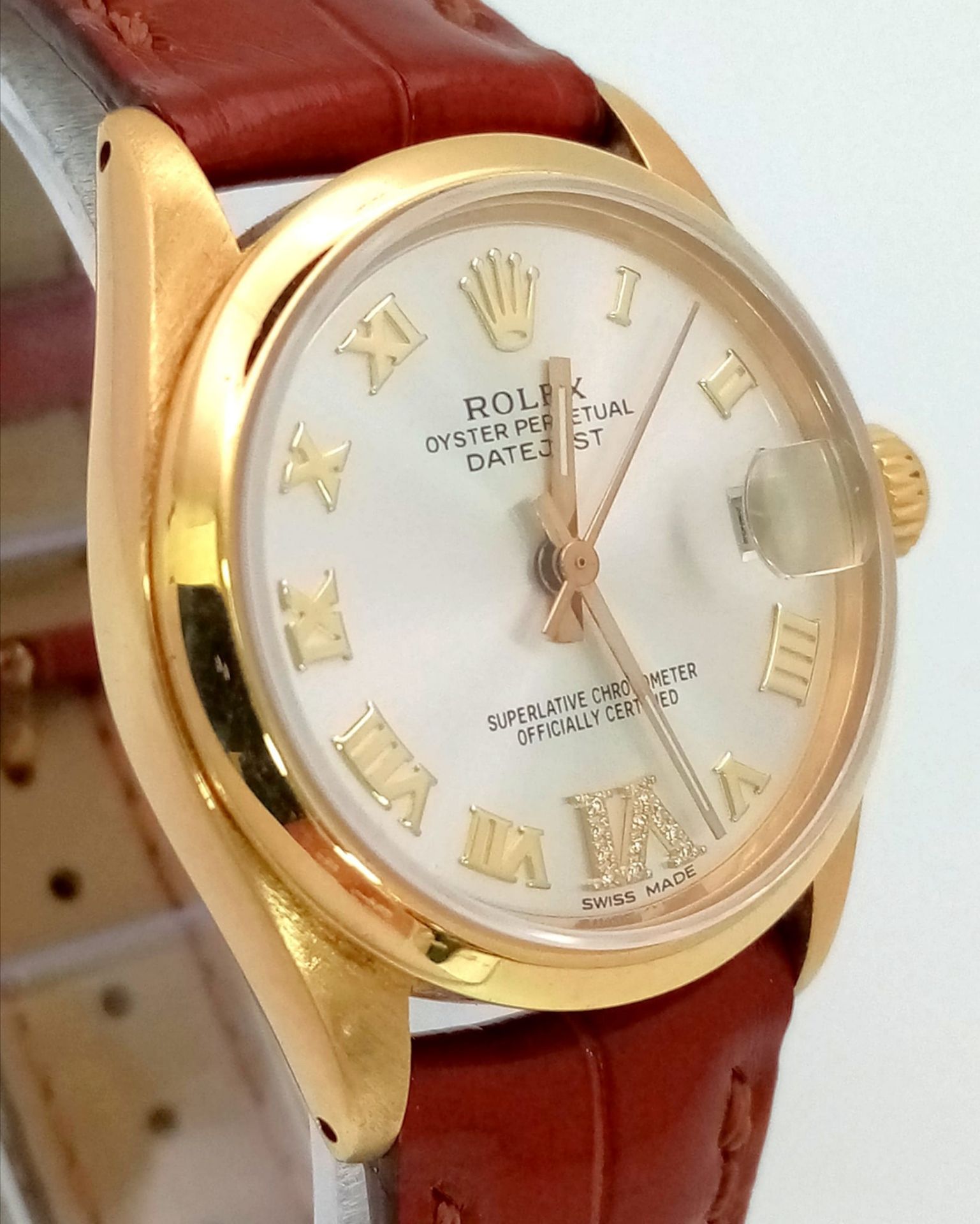 A Rolex Perpetual Oyster 18K Gold Cased Datejust Ladies Watch. Brown leather strap. 18K gold - Image 8 of 9