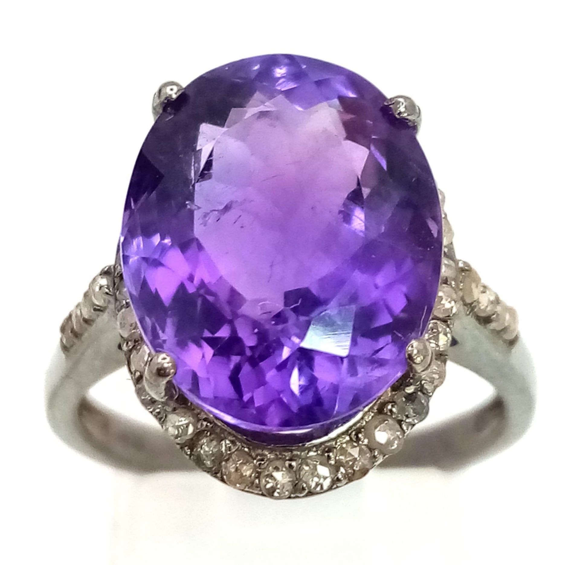 An Amethyst Gemstone Ring with a Matching Pair of Stud Earrings. Both with Diamond Accents. All - Image 2 of 6