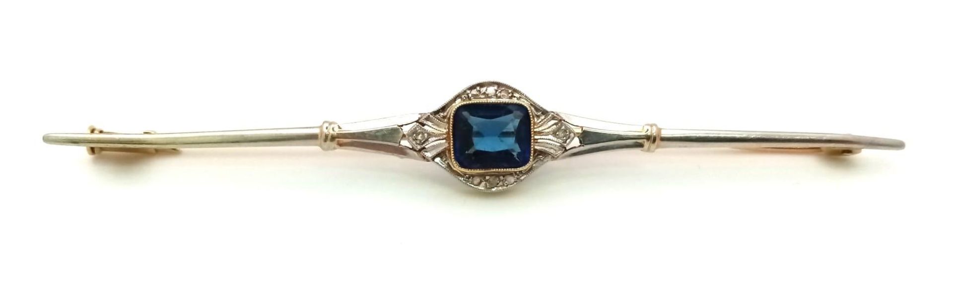 An Antique Victorian 18K Yellow Gold Sapphire and Diamond Brooch. 8cm. 4.03g total weight.