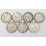 A Rare Full Set of 7 Fine Condition WW2 Silver Two Shilling Coins 1939- 1945 Inclusive. 6 x Very