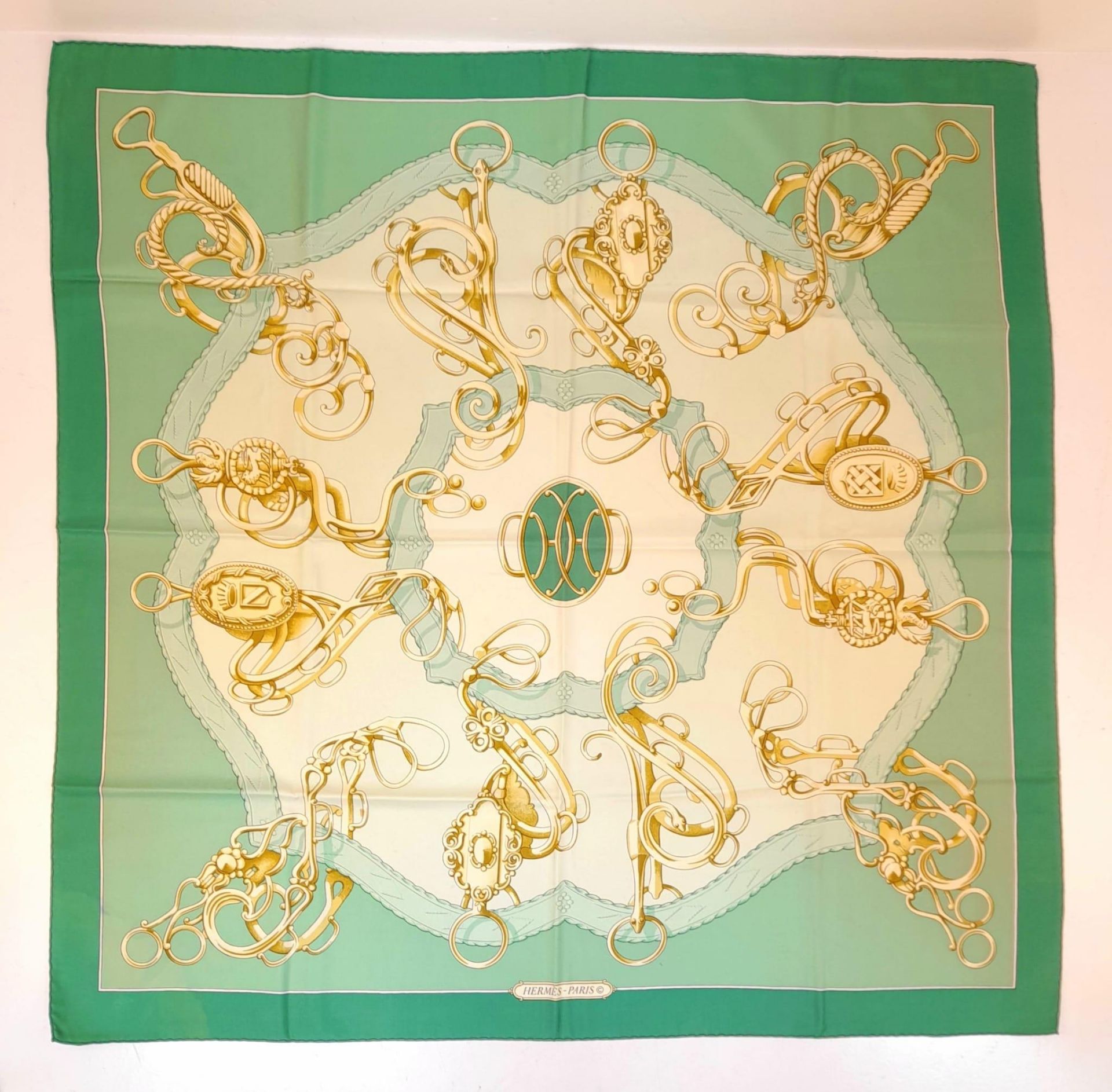 A Hermes Green and White Silk Scarf. Good condition. 88cm x 88cm. Ref: 12766