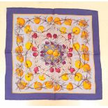 A Hermes Silk Scarf. Fruit decoration. Good condition. 42cm x 42cm. Ref: 12740