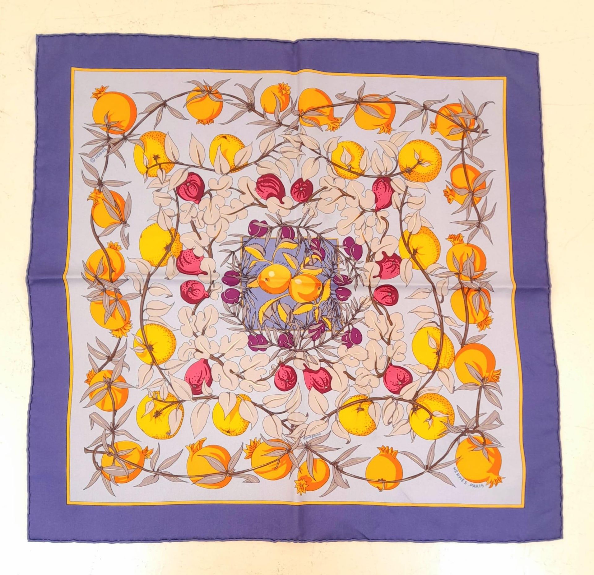 A Hermes Silk Scarf. Fruit decoration. Good condition. 42cm x 42cm. Ref: 12740