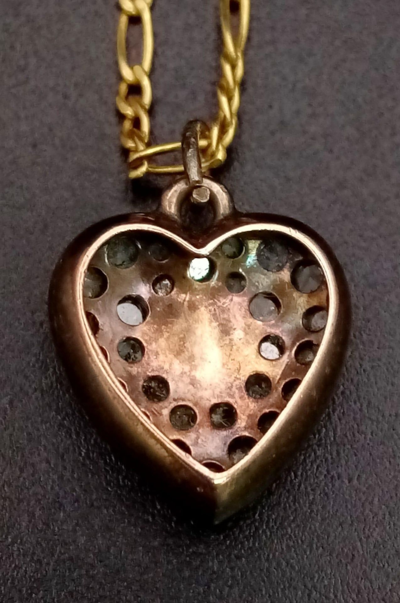 A Vintage Diamond and Pearl Heart Pendant Set in Rose Gold on an Italian 9K Yellow Gold Figaro - Image 3 of 6