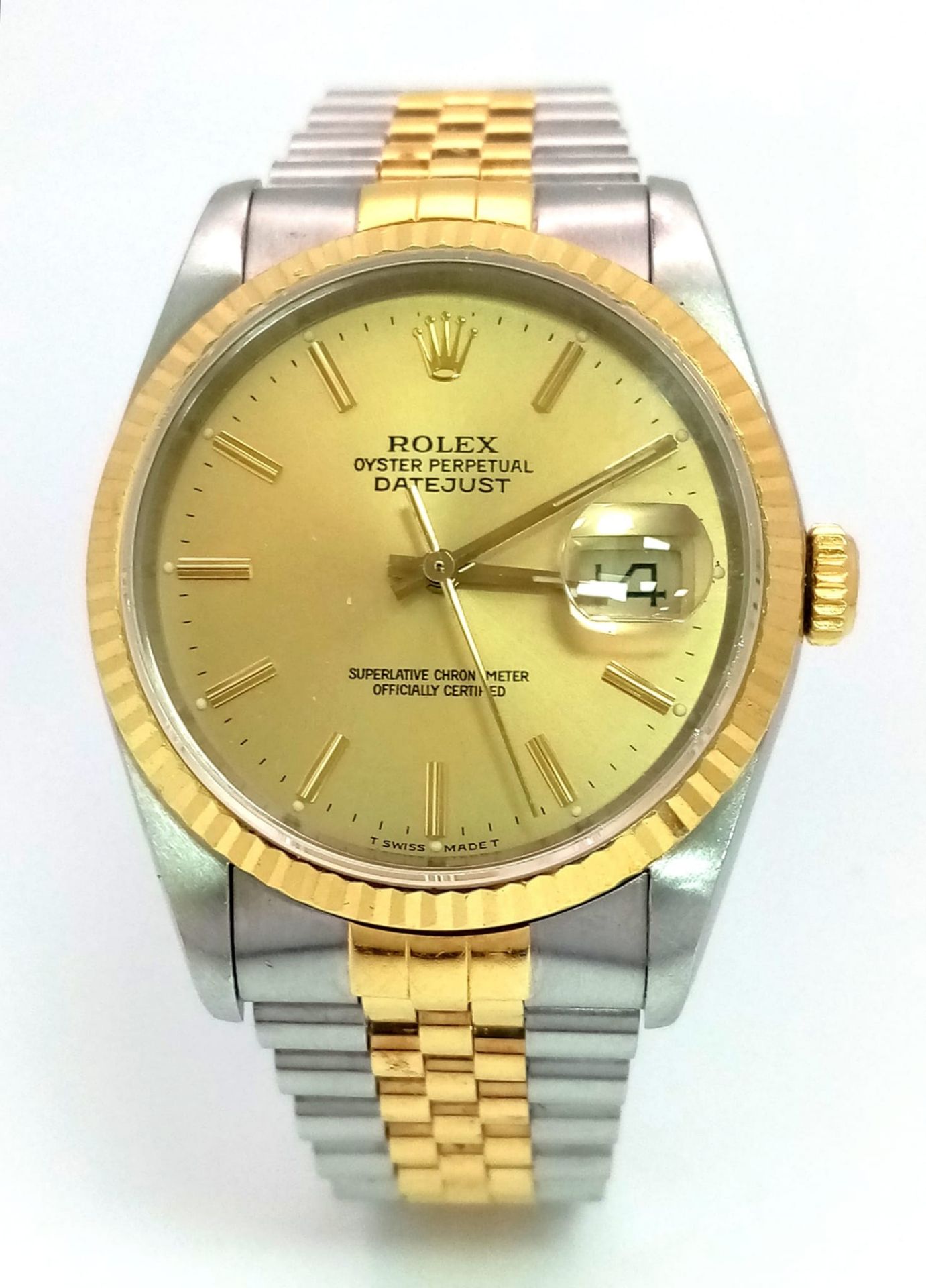 A Rolex Oyster Perpetual Datejust Gents Watch. Bi-metal strap and case - 36mm. Gold tone dial.