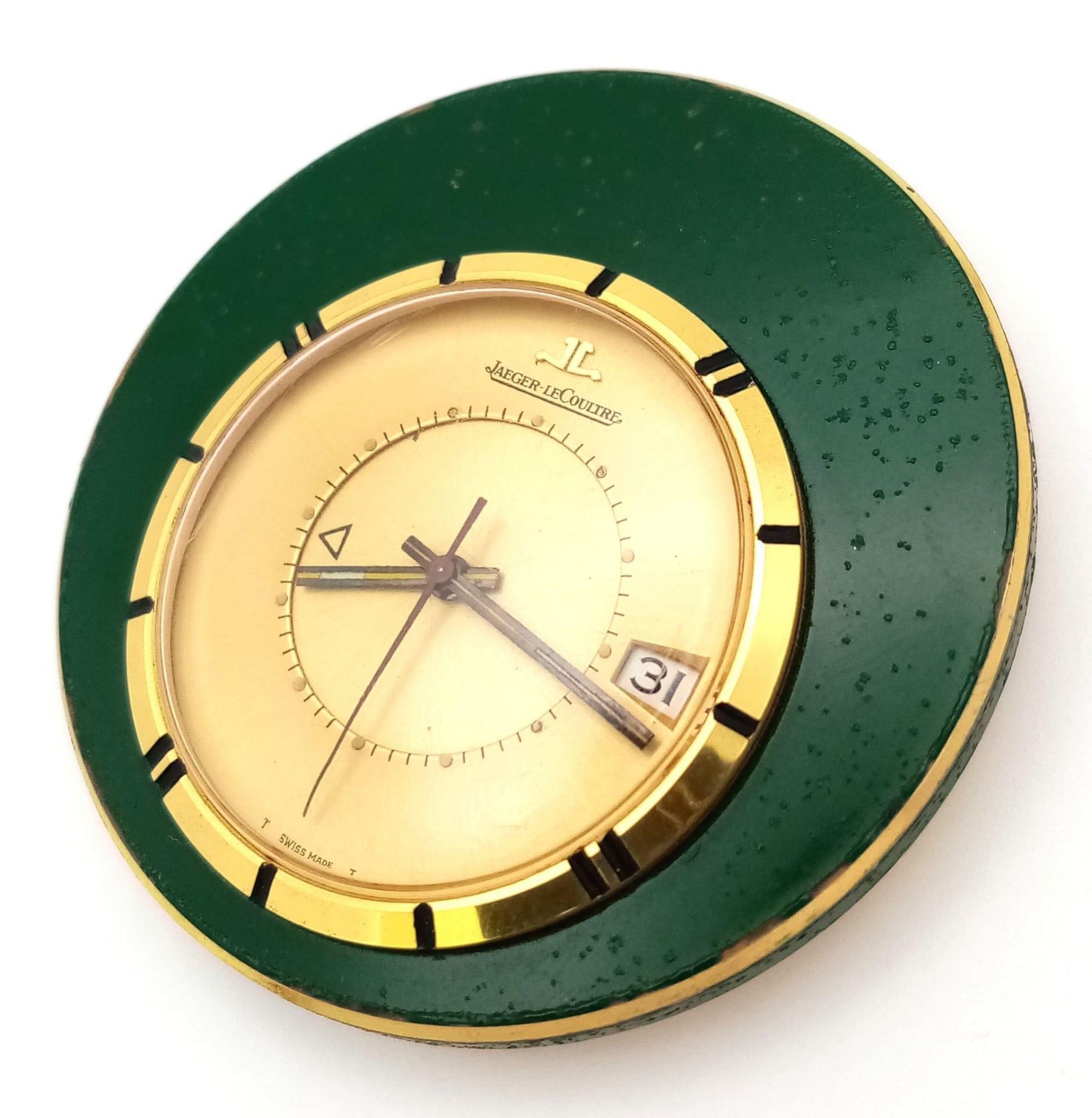 A Vintage Jaeger le Coultre Travel Alarm Clock. Green enamel outer. Gilded dial with date window. - Image 2 of 6