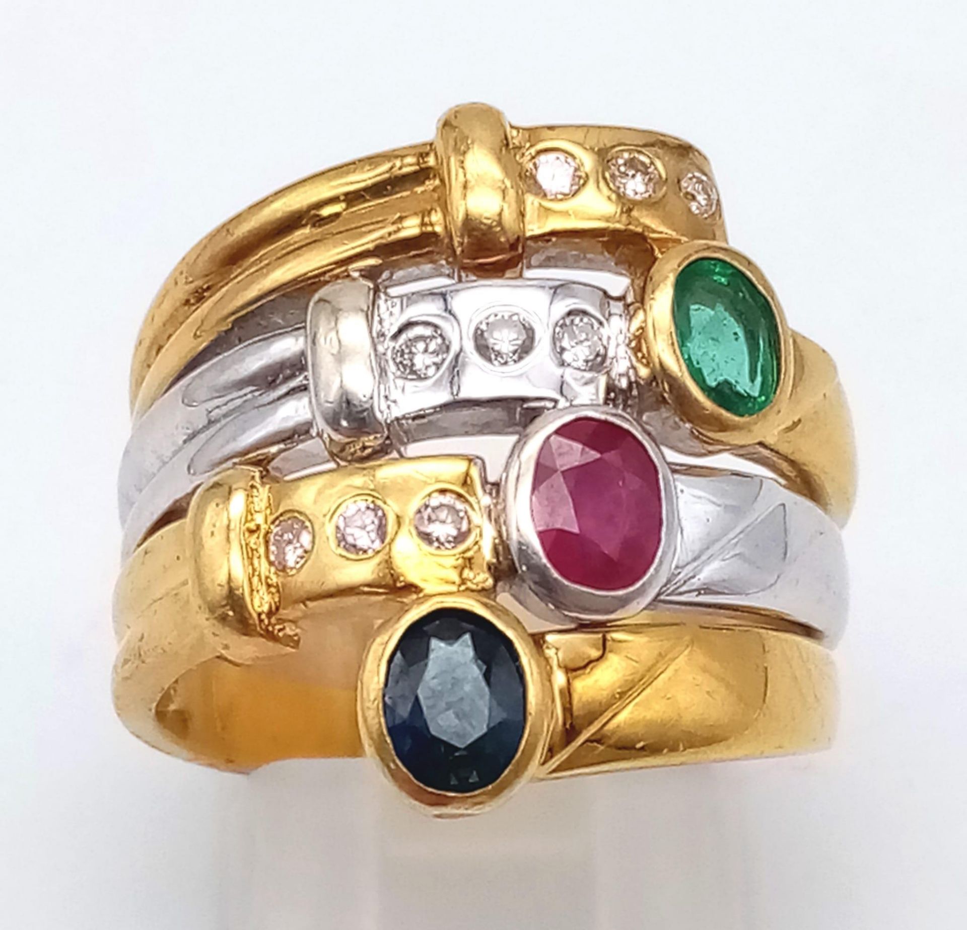 An Incredible 18K Yellow and White Gold Multi-Gemstone Ladies Dress Ring. Two full inner bands - one - Bild 2 aus 4