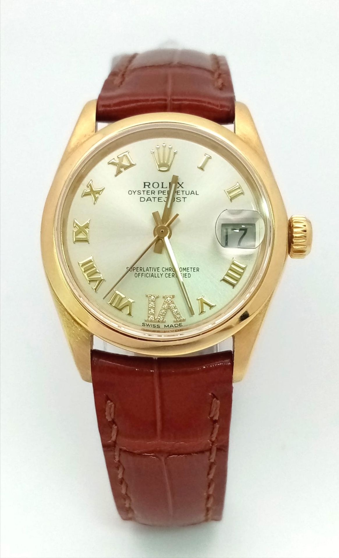 A Rolex Perpetual Oyster 18K Gold Cased Datejust Ladies Watch. Brown leather strap. 18K gold - Image 2 of 9